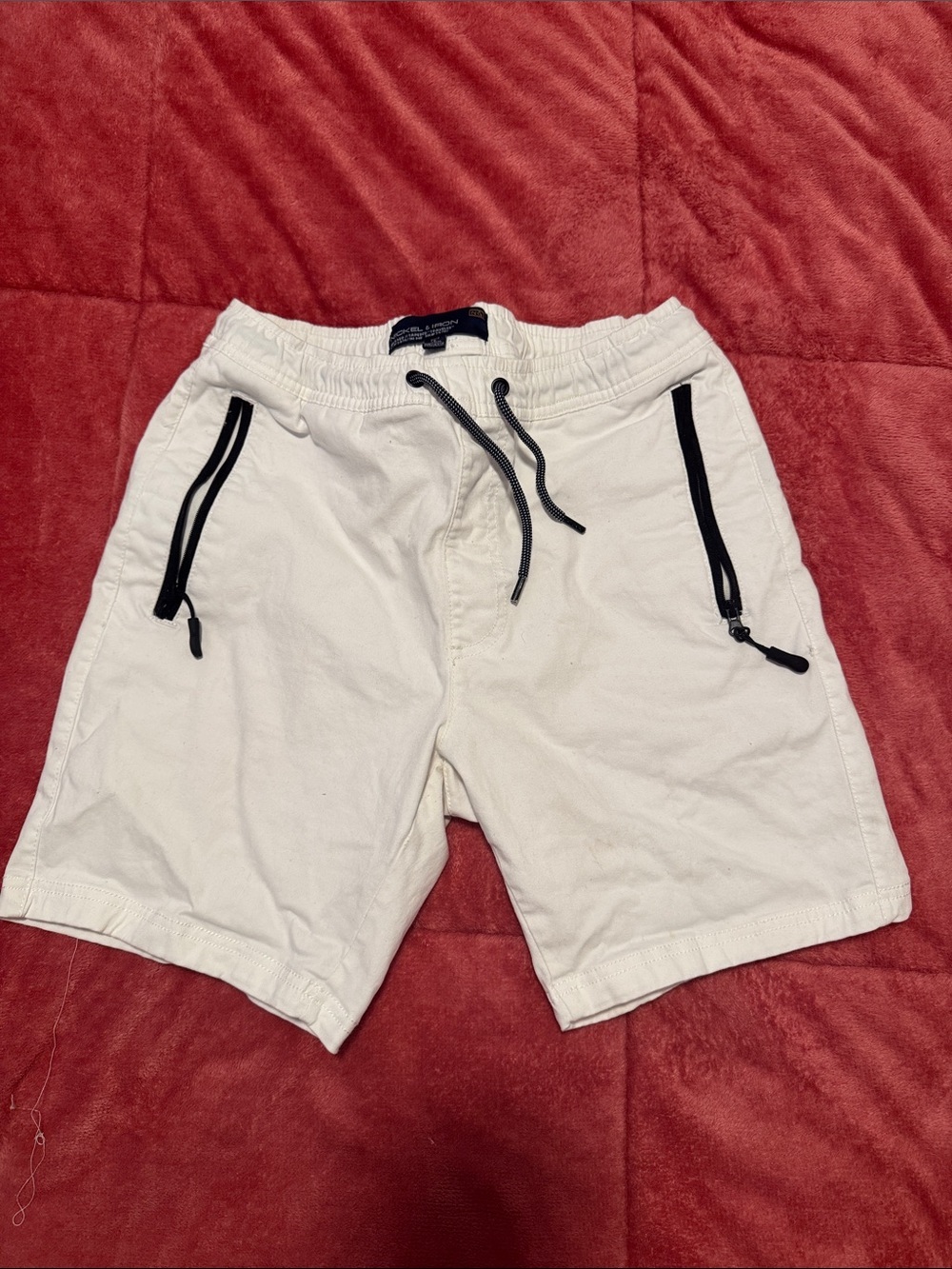 Men's White Athletic Drawstring Shorts with Black Zip Accents